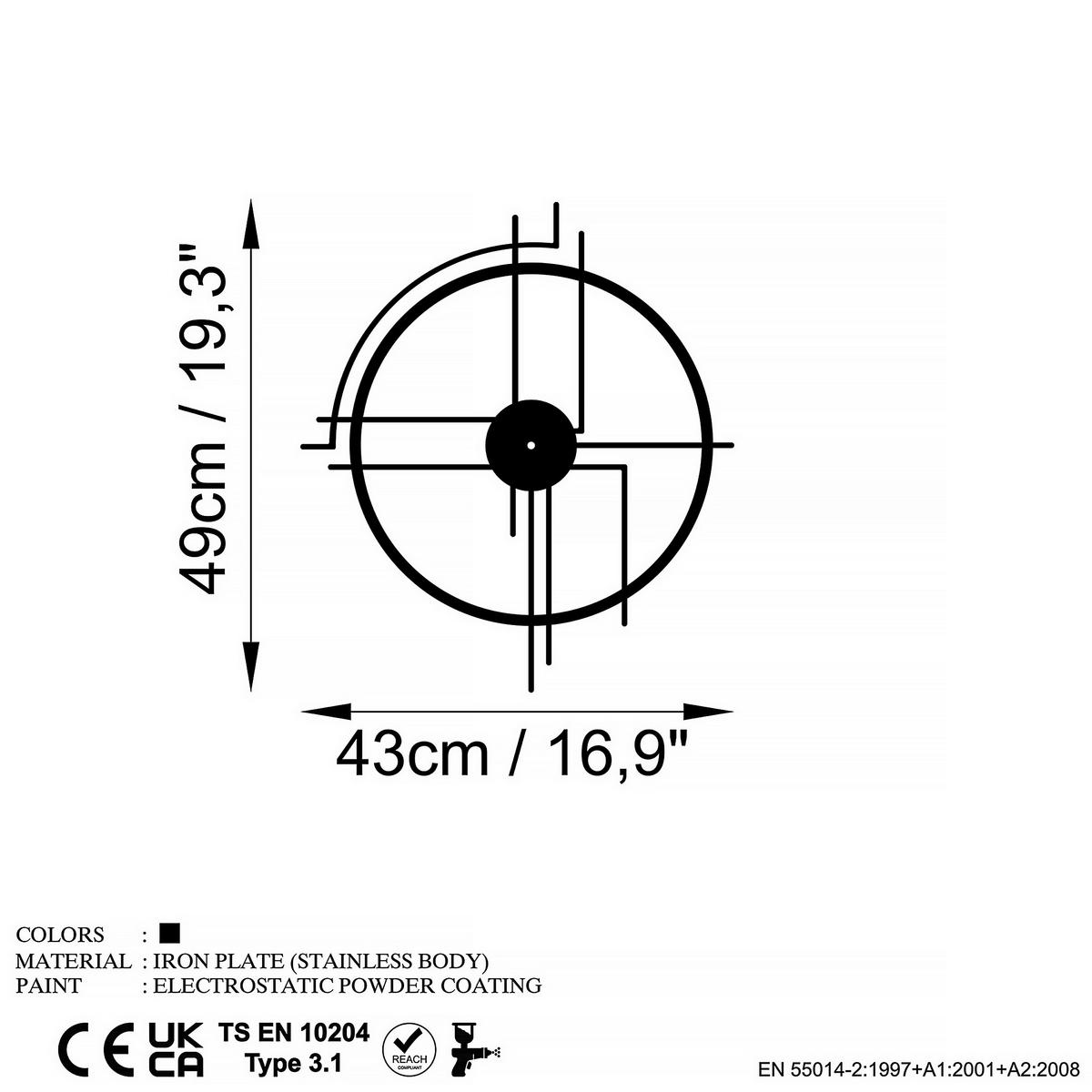 ZEGAR ŚCIENNY MINIMAL - czarny, Lifestyle, metal (43/49/0,15cm)