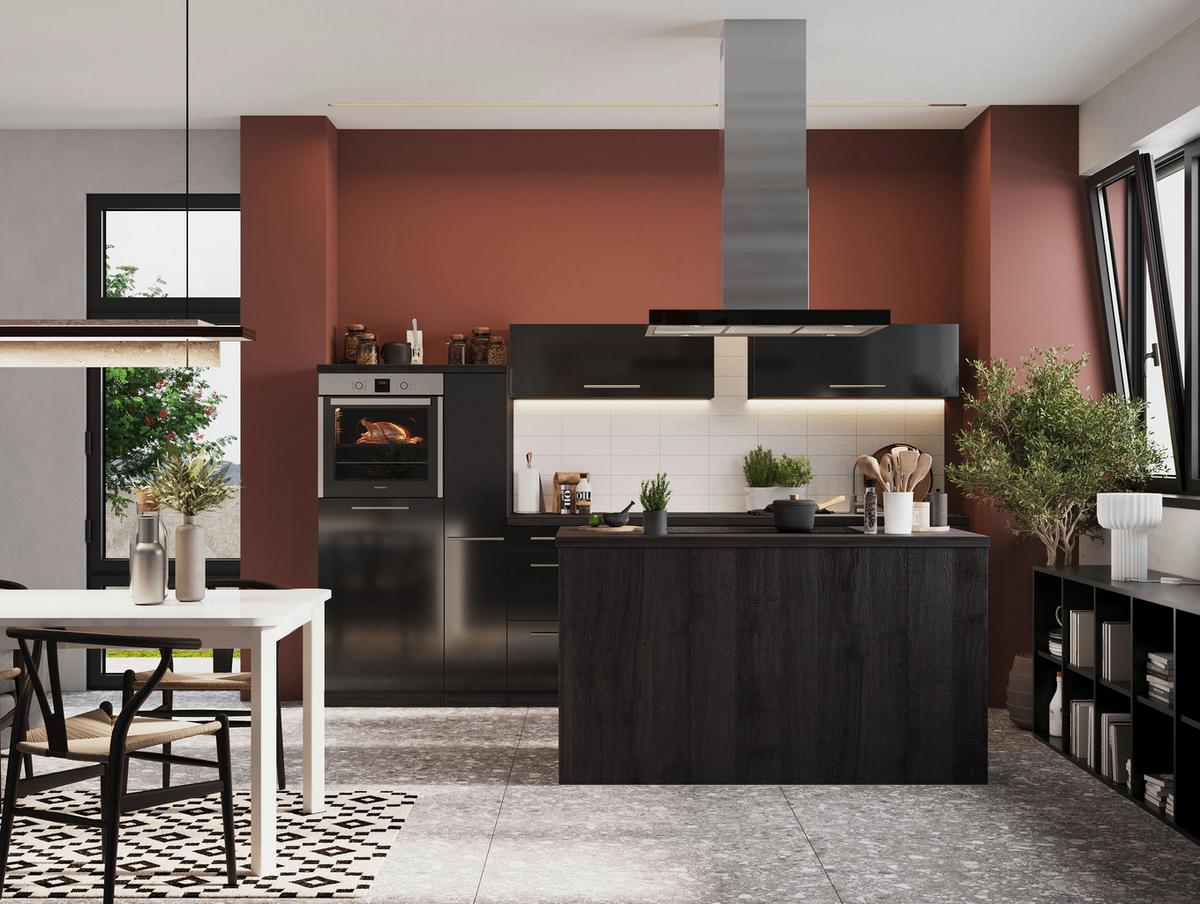 Inselküche Premium Schwarz mit Geräten B: ca. 310 cm - Eichefarben/Schwarz, Basics, Holzwerkstoff/Metall (310/160cm) - Respekta