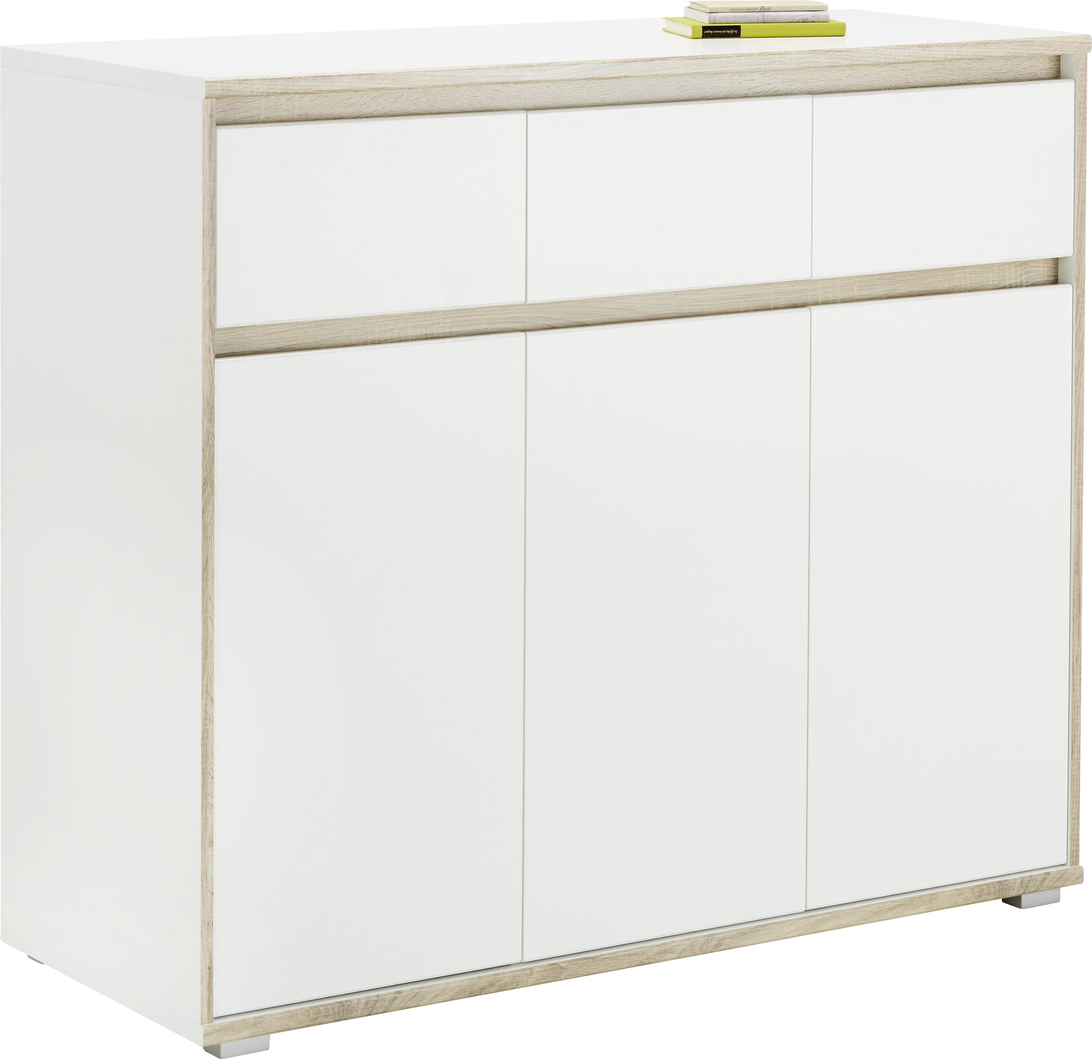 Sideboard in Weiß/Sonoma Eiche - Silberfarben/Weiß, MODERN, Holzwerkstoff (118cm) - Based