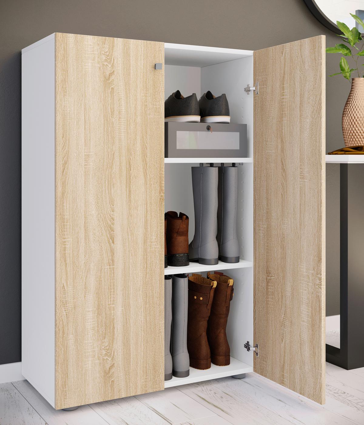 Schuhschrank LONA Weiß/ Sonoma Eiche ca. 70x110x39cm - Silberfarben/Schwarz, Design, Holzwerkstoff/Kunststoff (70/110/39cm) - MID.YOU