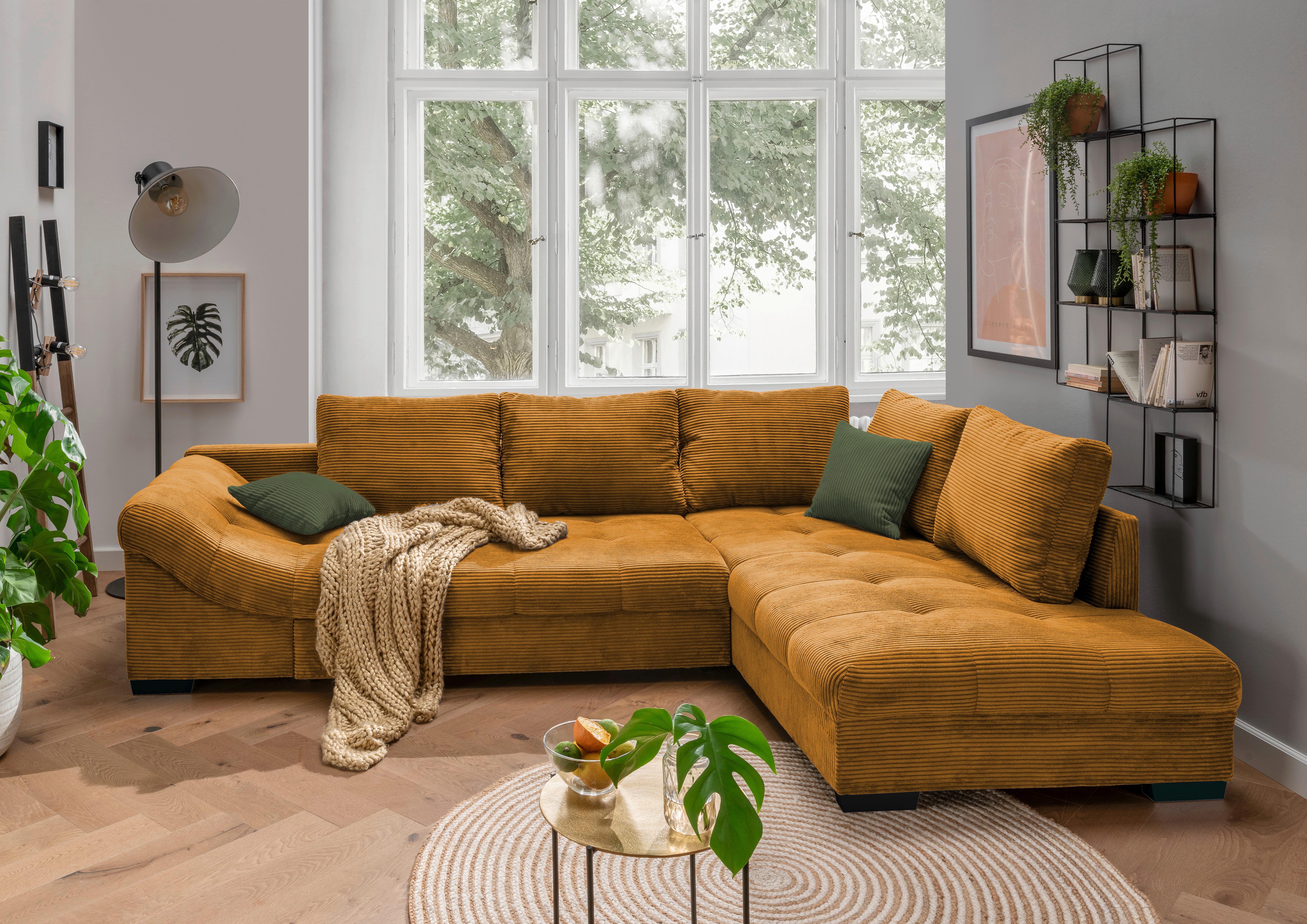 Wohnlandschaft Alvito Cognac Cord - Dunkelgrün/Cognac, Design, Holz/Textil (298/202cm) - MID.YOU