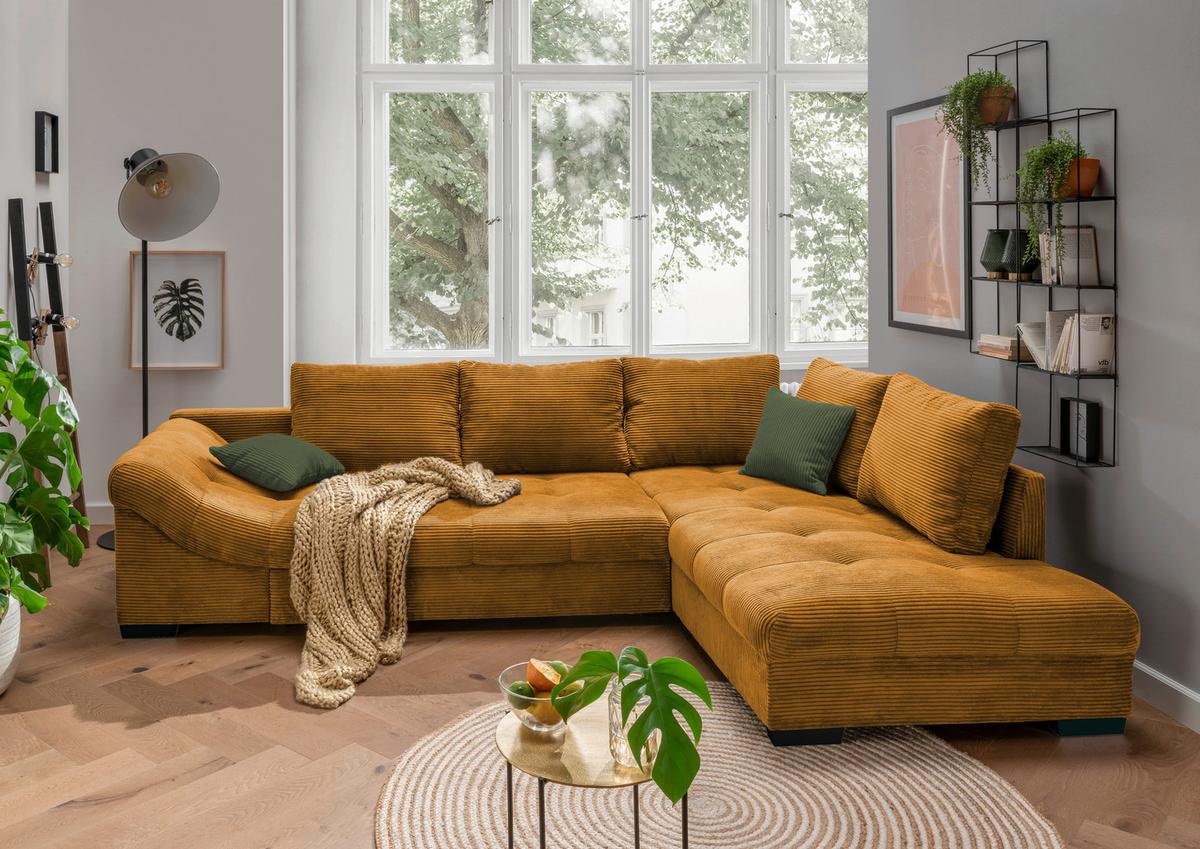 Wohnlandschaft Alvito Cognac Cord - Dunkelgrün/Cognac, Design, Holz/Textil (298/202cm) - MID.YOU