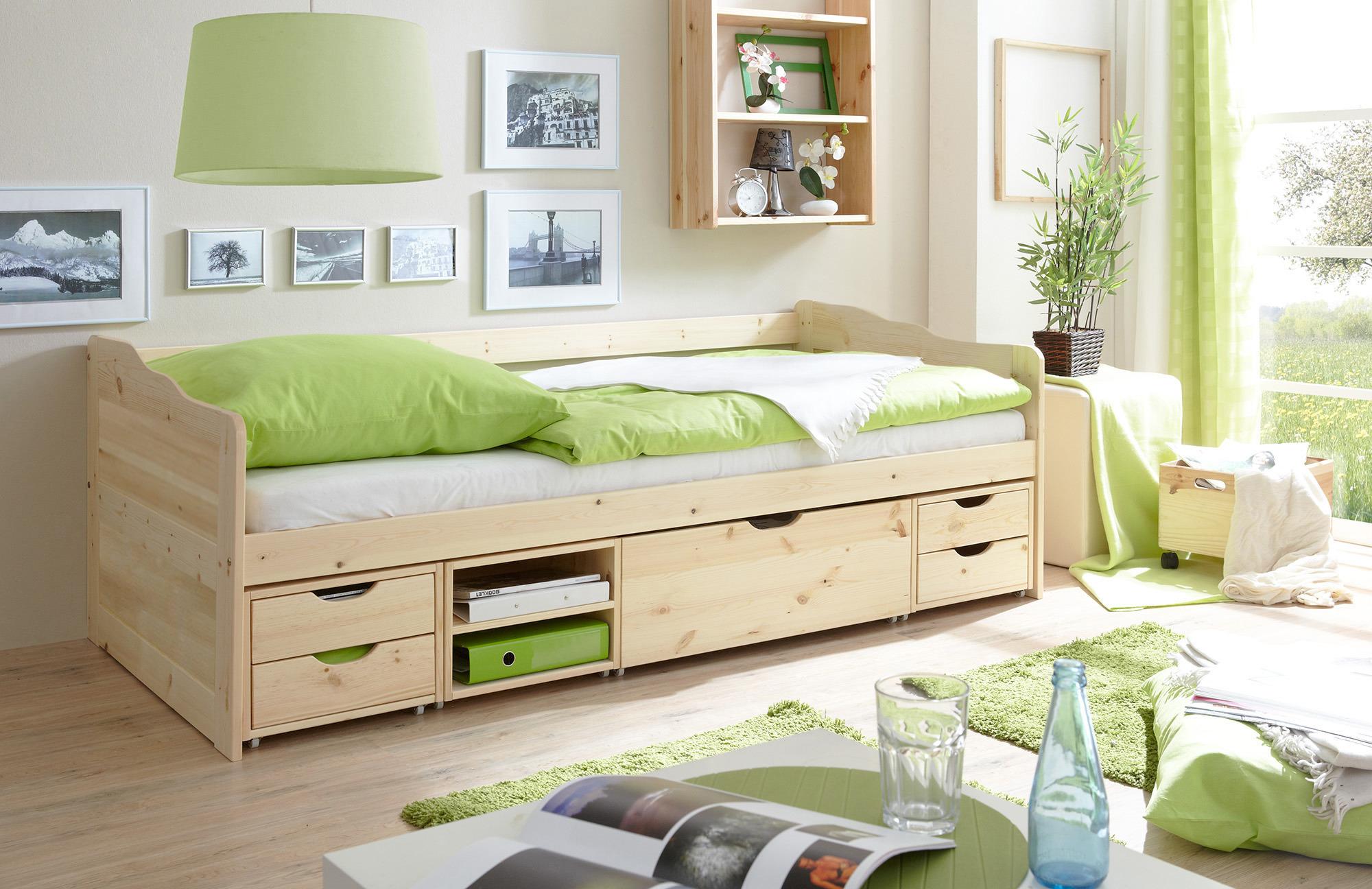 Stauraumbett "Marlies", aus Kiefer, kieferfarbe - Kieferfarben, MODERN, Holz (90/200cm) - MID.YOU