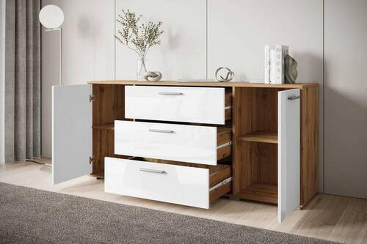 Sideboard Bogota ca. 150x68 cm Eiche/Weiß - Weiß Hochglanz/Eiche Wotan, Basics, Holzwerkstoff/Kunststoff (150/68/40cm) - MID.YOU