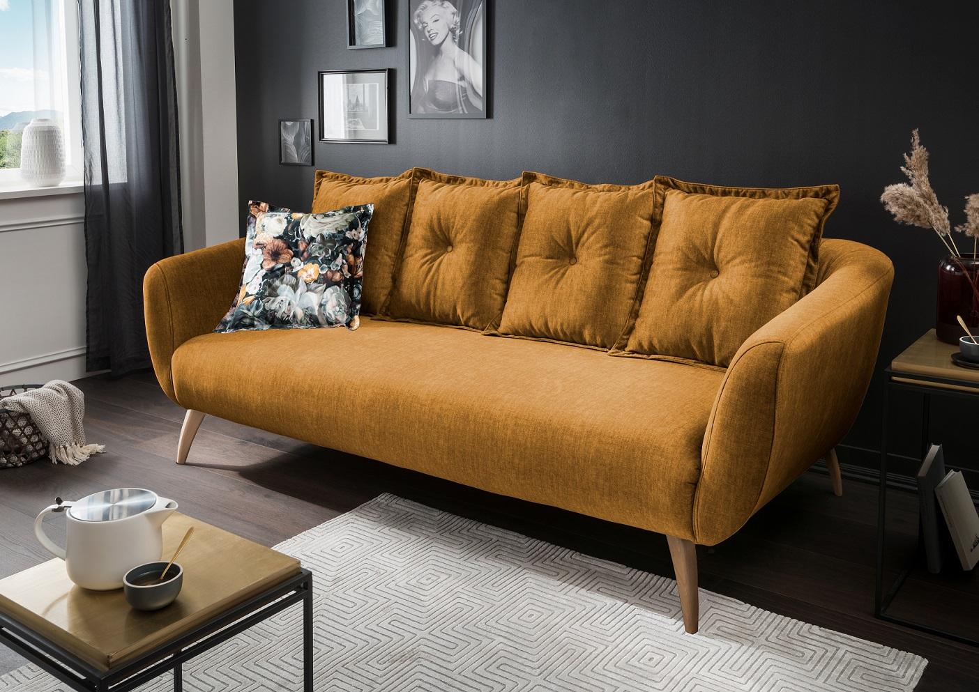 3-Sitzer-Sofa Baggio Gelb Velours - Gelb/Buchefarben, MODERN, Holz/Textil (236/94/103cm) - Livetastic