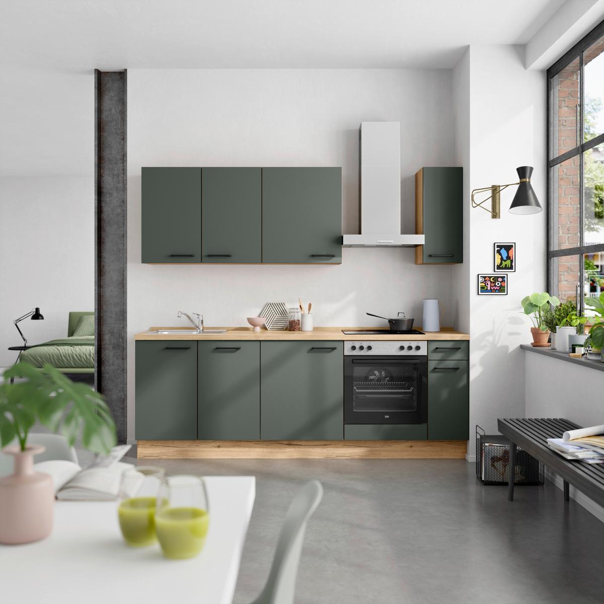 Küchenblock Easytouch m. Geräten Dunkelgrün - Dunkelgrün/Eichefarben, MODERN, Holzwerkstoff/Metall (240cm) - Nobilia