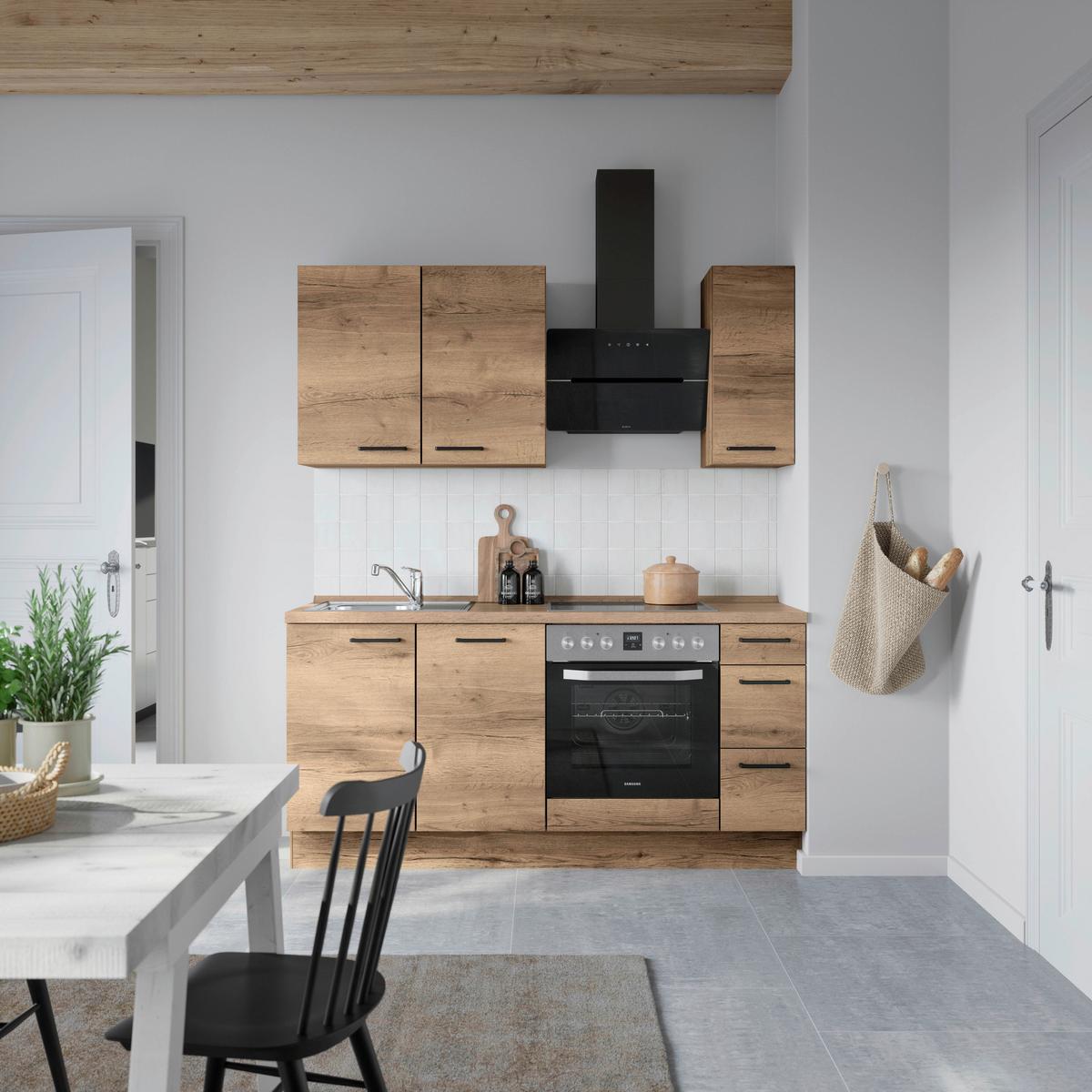 Küchenblock Structura High m. Geräten Eiche dunkel - Eiche dunkel/Schwarz, MODERN, Holzwerkstoff/Metall (180cm) - Nobilia