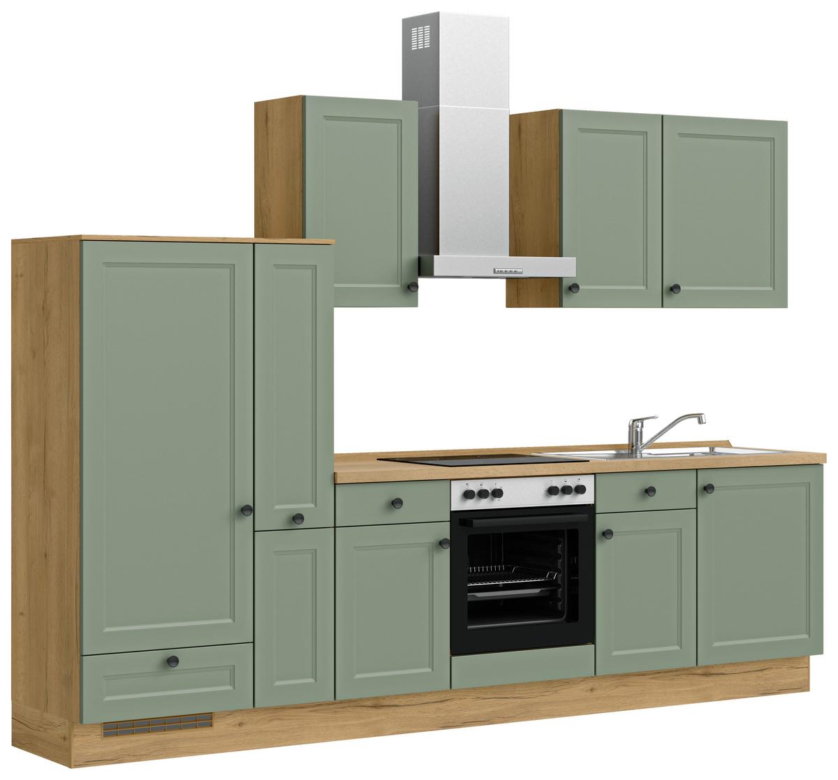 Küchenblock Cascada Low m. Geräten Schilfgrün - Schilfgrün/Eichefarben, MODERN, Holzwerkstoff/Metall (300cm) - Nobilia