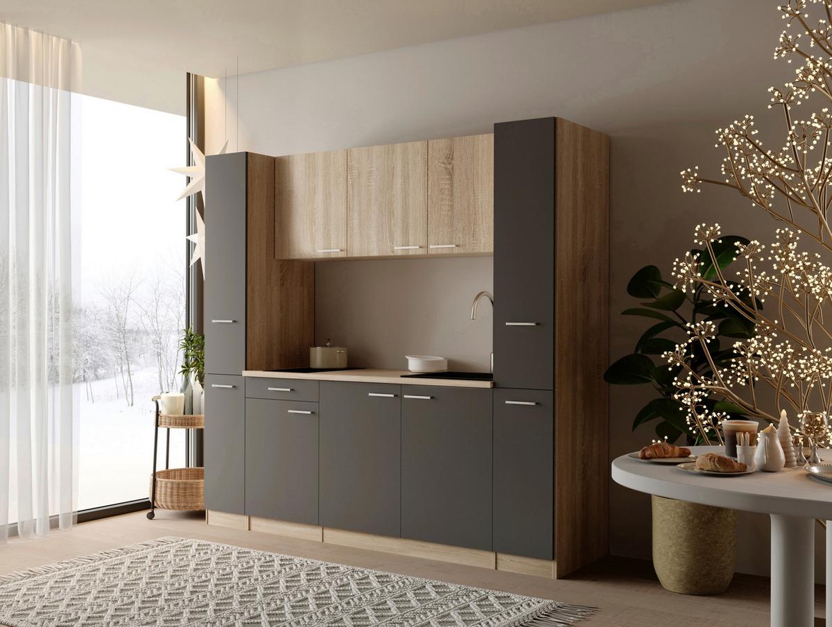 Küchenblock Ingrid m. Gerät Grau - Eichefarben/Alufarben, Design, Holzwerkstoff/Kunststoff (210cm) - Respekta