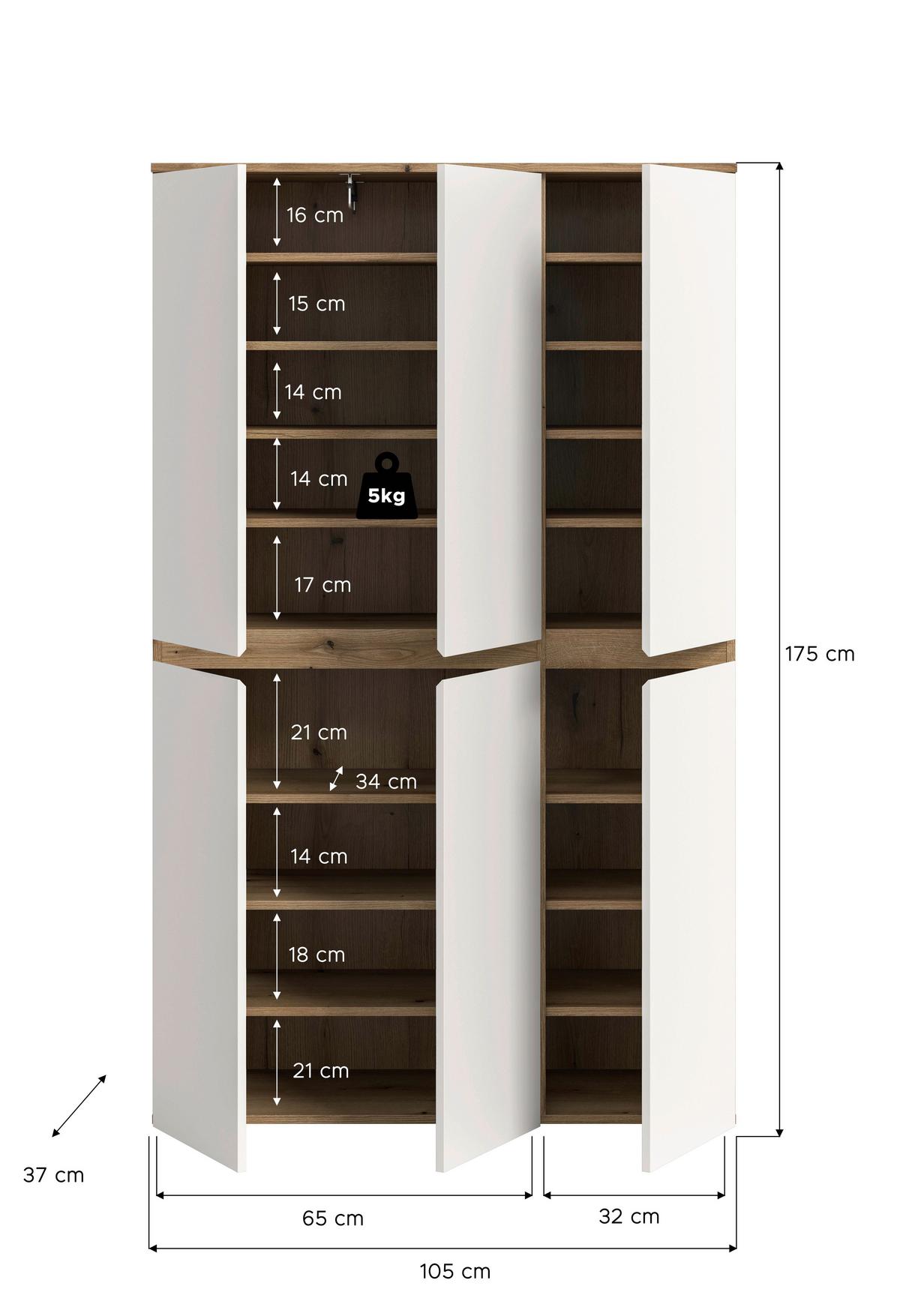 Garderobenschrank Scarpa Weiß/Eiche - Eichefarben/Schwarz, Design, Holzwerkstoff/Kunststoff (105/175/37cm) - Livetastic