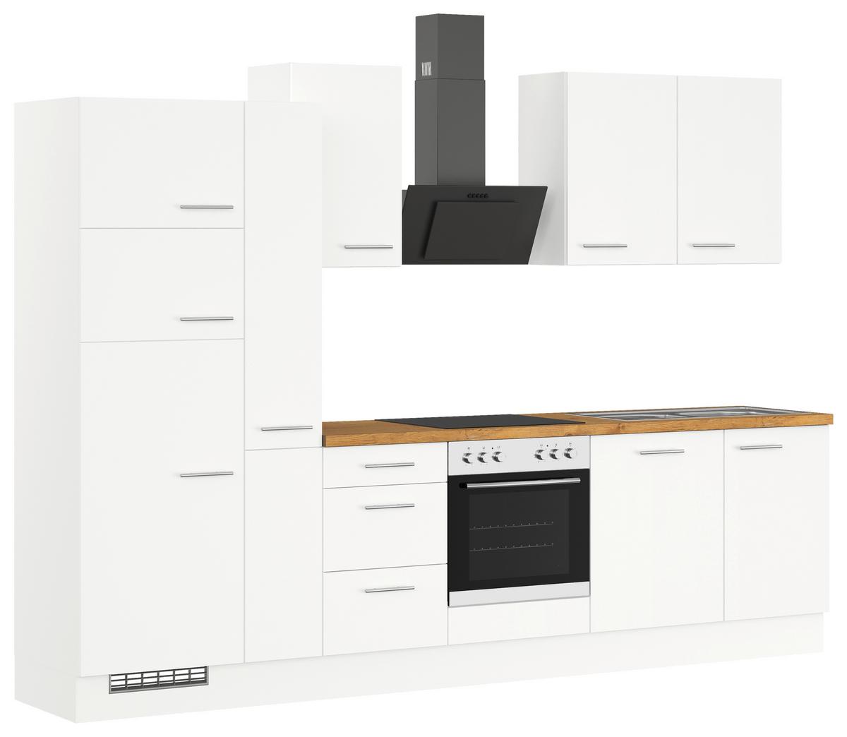 Küchenblock IBZ ohne Gertäte ca. 310 cm Weiß - Edelstahlfarben/Eichefarben, Design, Holzwerkstoff/Metall (310cm) - Impuls