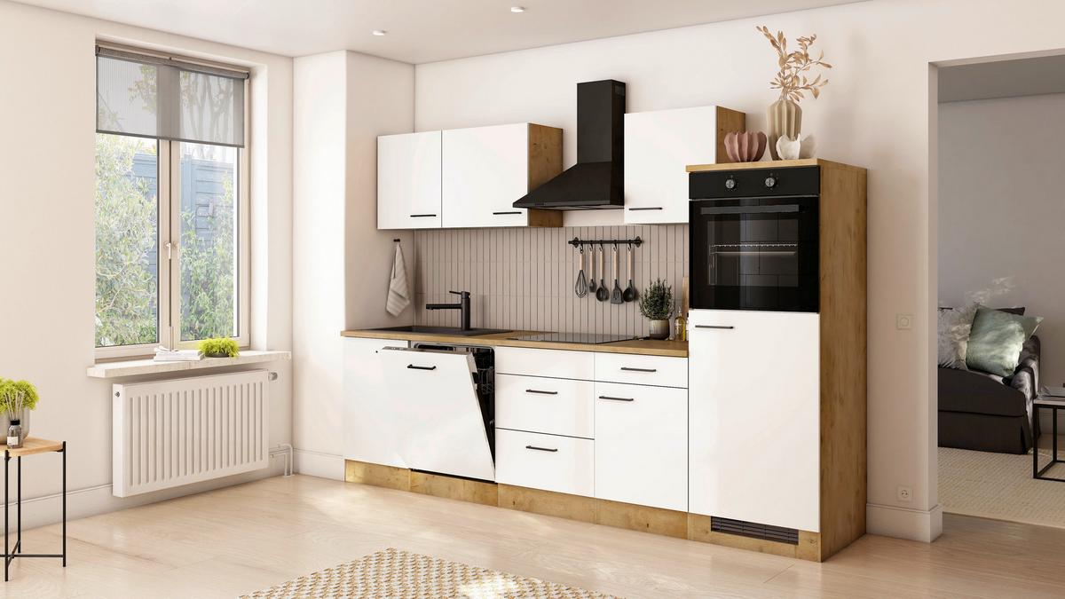 Küchenblock Avila m. Geräten Magnolie - Eichefarben/Magnolie, Trend, Holzwerkstoff/Metall (280cm) - FlexWell