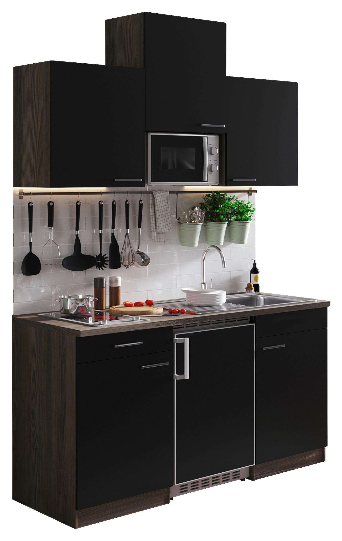 Miniküche Oliver mit Geräten ca. 150 cm Schwarz - Eichefarben/Schwarz, Basics, Holzwerkstoff/Kunststoff (150cm) - Respekta
