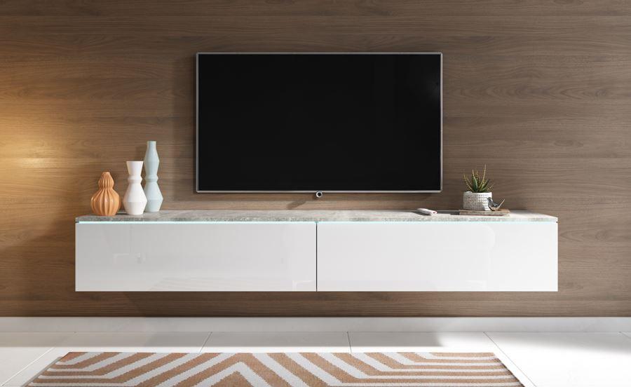 Lowboard ca. 180x30 cm mit LED Beton Optik/Weiß Hochglanz - Weiß Hochglanz/Grau, LIFESTYLE, Holzwerkstoff/Kunststoff (180/30/33cm) - P & B