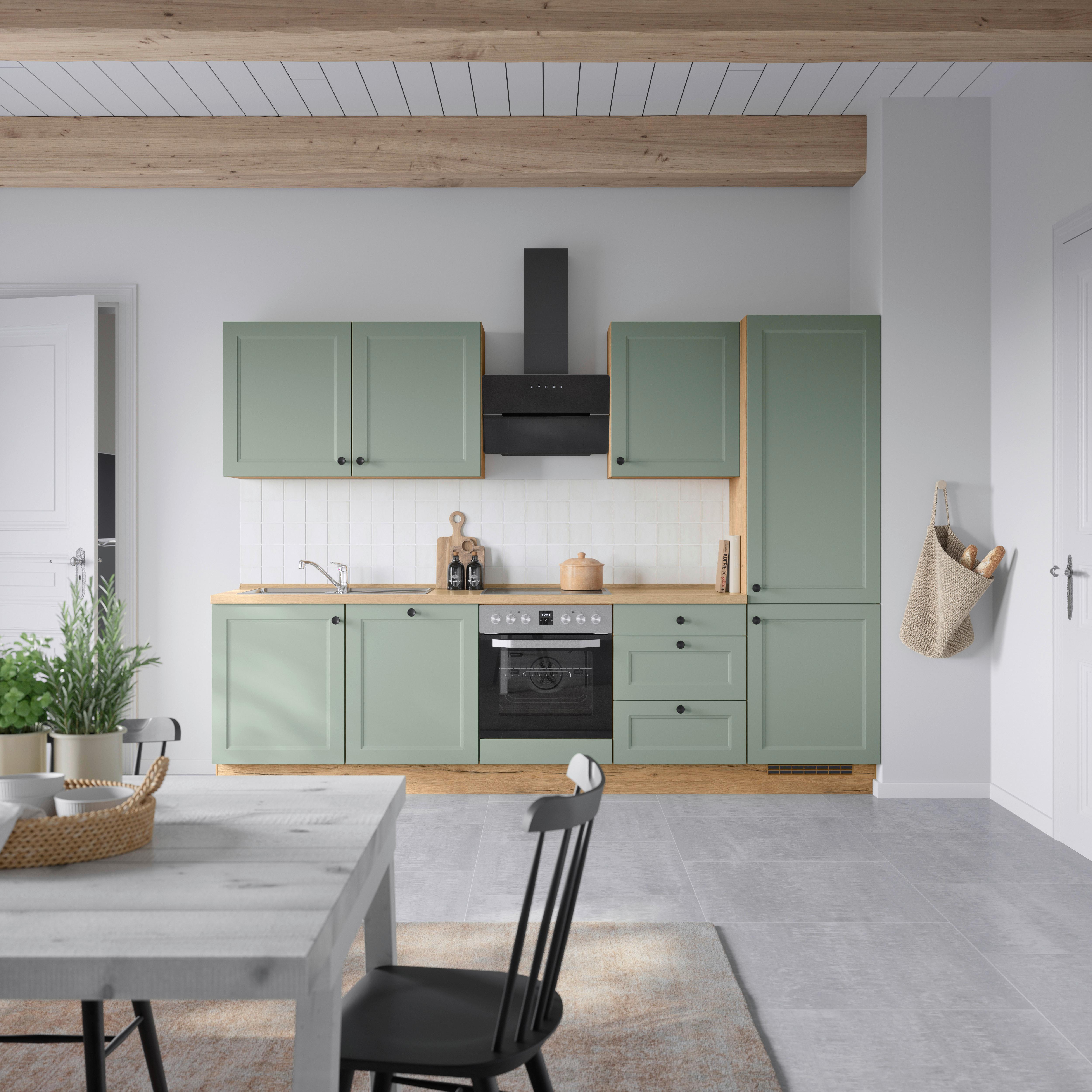 Küchenblock Cascada High m. Geräten Schilfgrün - Schilfgrün/Eichefarben, MODERN, Holzwerkstoff/Metall (300cm) - Nobilia