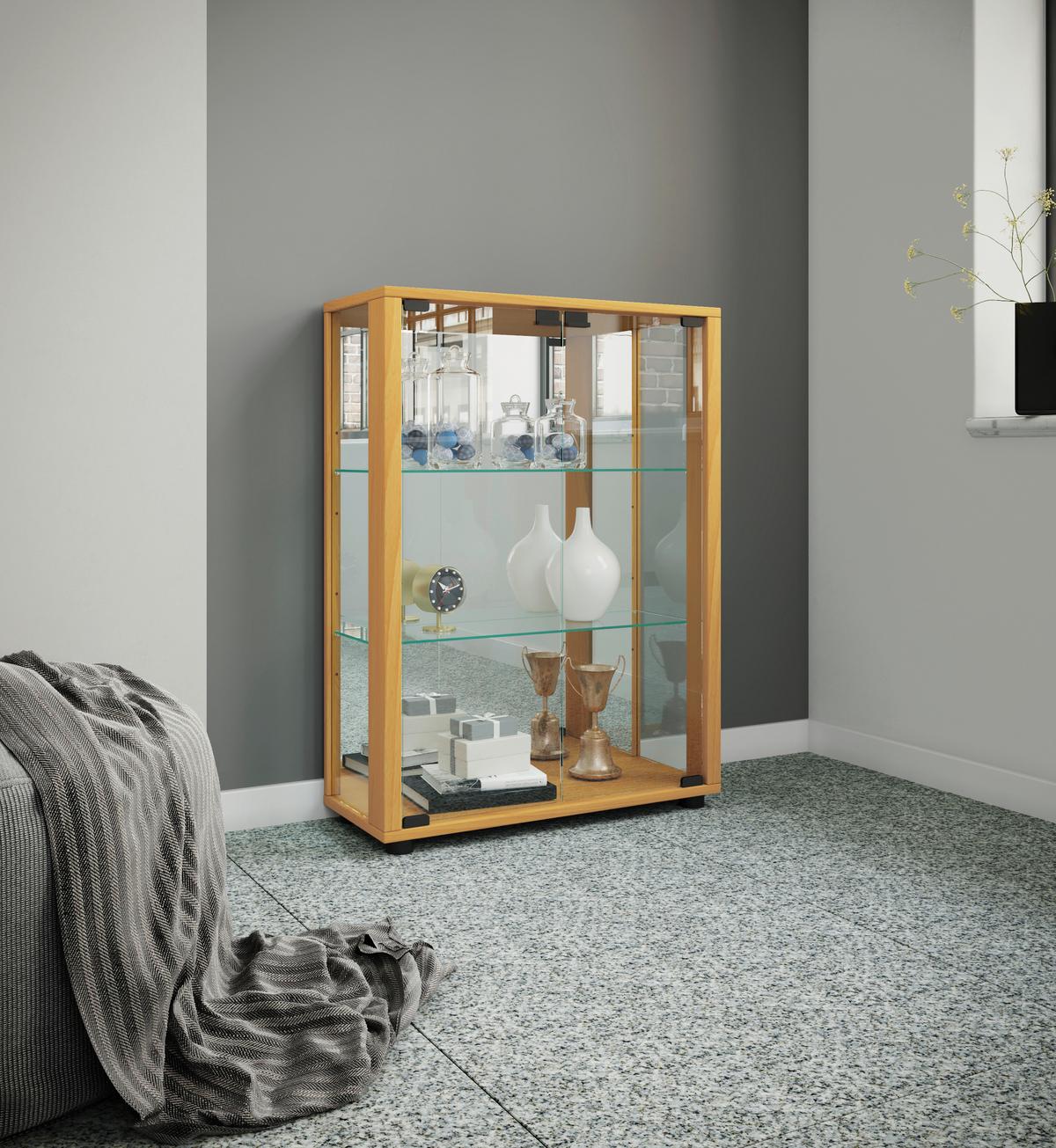 Vitrine Sintalo m. LED ca. 60x80 cm Buche - Buchefarben/Schwarz, MODERN, Glas/Holzwerkstoff (60/80/25cm) - MID.YOU