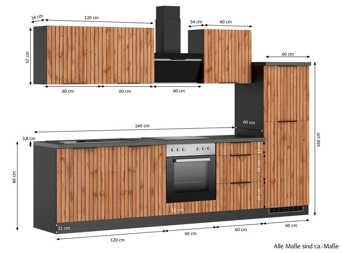 Küchenblock Liverpool m. Geräten Graphit/Eichefarben - Schieferfarben/Eiche Wotan, Basics, Holzwerkstoff/Metall (300cm) - Held