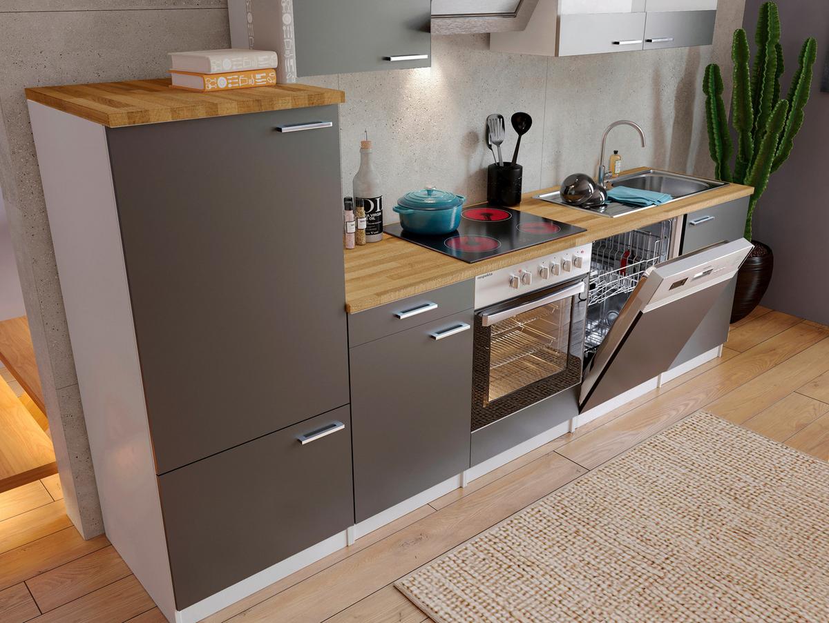 Küchenzeile Economy m. Geräten Grau/Nussbaum B: ca. 280 cm - Edelstahlfarben/Nussbaumfarben, Basics, Holzwerkstoff/Metall (280cm) - Respekta