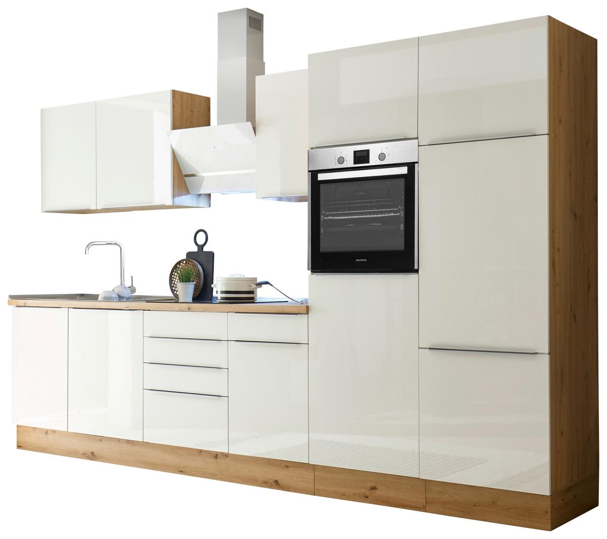 Küchenblock Marleen m. Geräten Weiß B: ca. 340 cm - Weiß Hochglanz/Alufarben, LIFESTYLE, Holzwerkstoff/Kunststoff (340cm) - Respekta