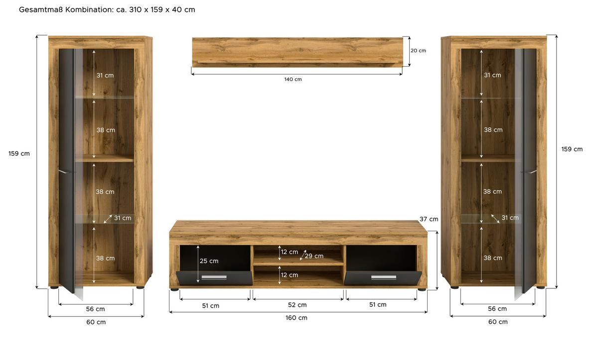 ANSAMBLU MOBILIER CAMERA DE Z JAM - stejar Wotan, Design, sticlă/material pe bază de lemn (310/159/35cm) - Modern Living