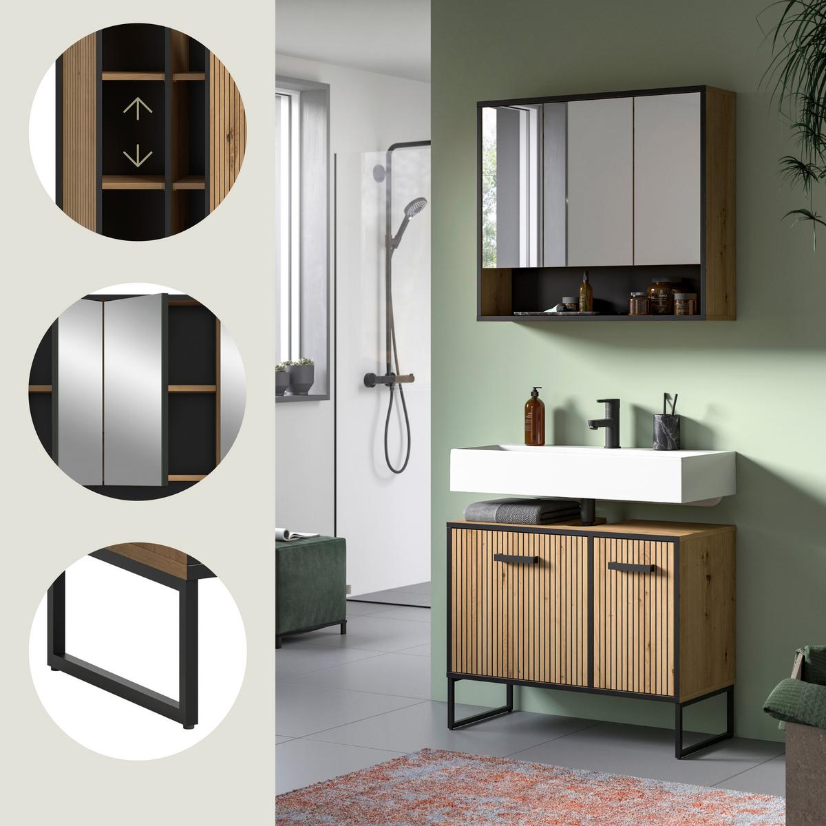 Badezimmer Bagno 2-tlg. Eiche Artisan/Schwarz - Schwarz/Eiche Artisan, Trend, Holzwerkstoff/Kunststoff (80cm) - MID.YOU