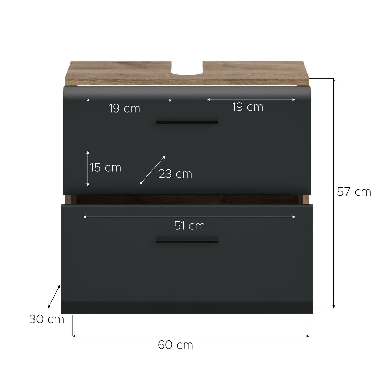 Waschbeckenunterschrank Ice Schwarz/Eiche dunkel - Eiche dunkel/Schwarz, Trend, Holzwerkstoff/Kunststoff (60/58/30cm) - MID.YOU