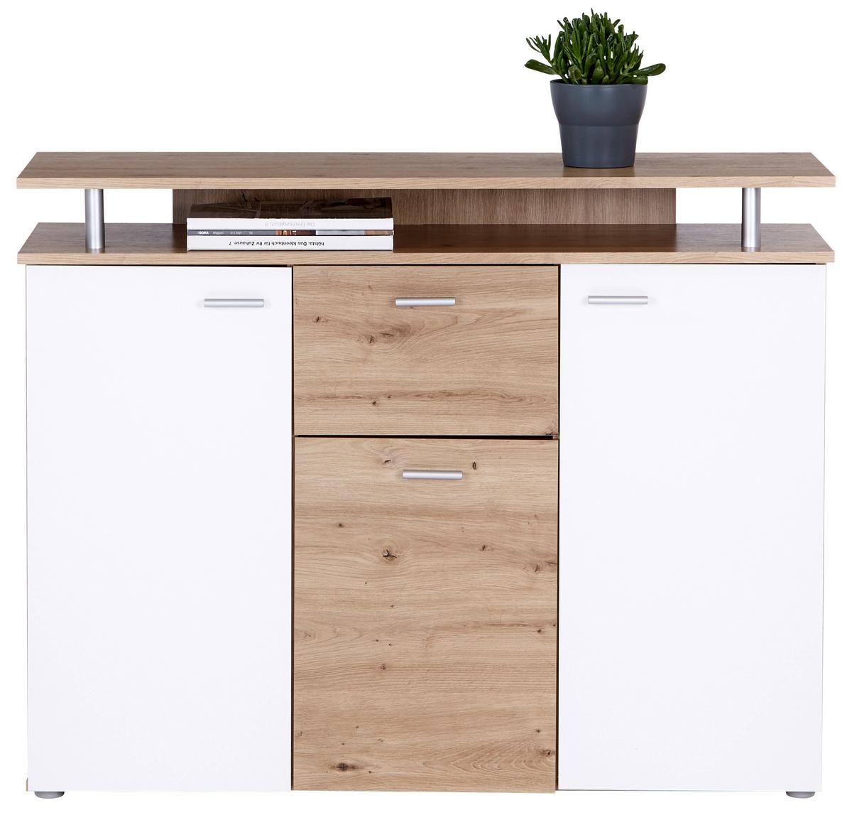 Komoda Leon, Bela, Barva Hrasta - bela/barve aluminija, Moderno, umetna masa/leseni material (117/92,3/38cm) - Mömax