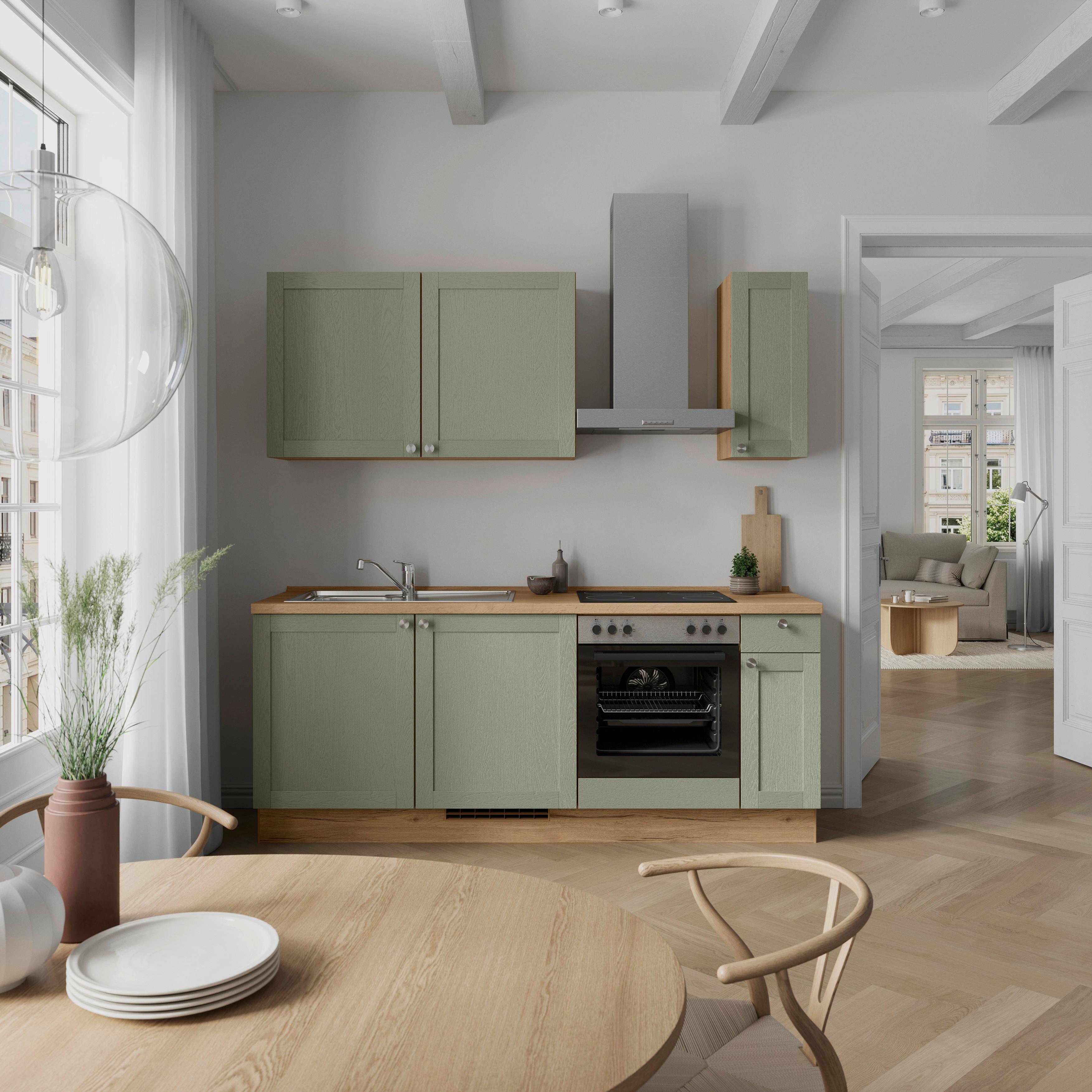 Küchenleerblock Frame Low o. Geräte Olivgrün - Edelstahlfarben/Eichefarben, MODERN, Holzwerkstoff/Metall (210cm) - Nobilia
