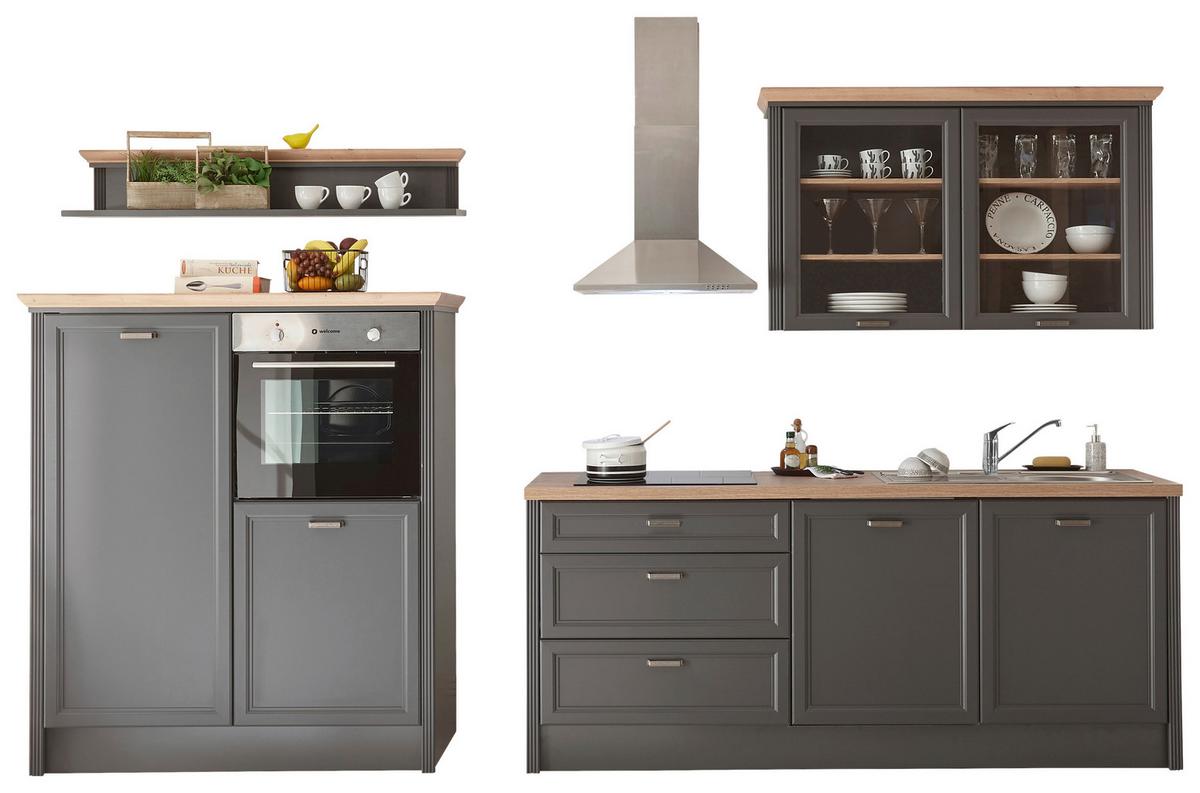Küchenblock Jasmit mit Geräten ca. 210 cm Anthrazit/Eiche - Anthrazit/Eiche Artisan, ROMANTIK / LANDHAUS, Glas/Holzwerkstoff (210-134cm) - P & B