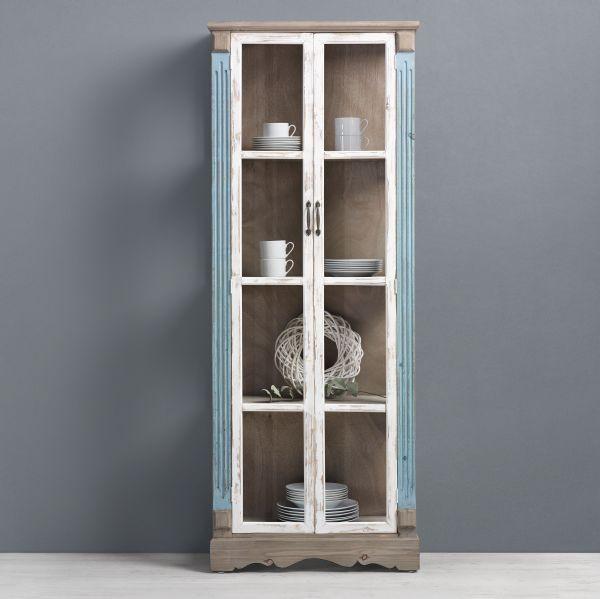 Vitrine in Blau/Braun/Weiß 'Gaia' - Blau/Braun, MODERN, Glas/Holz (68/175/33cm) - Bessagi Home