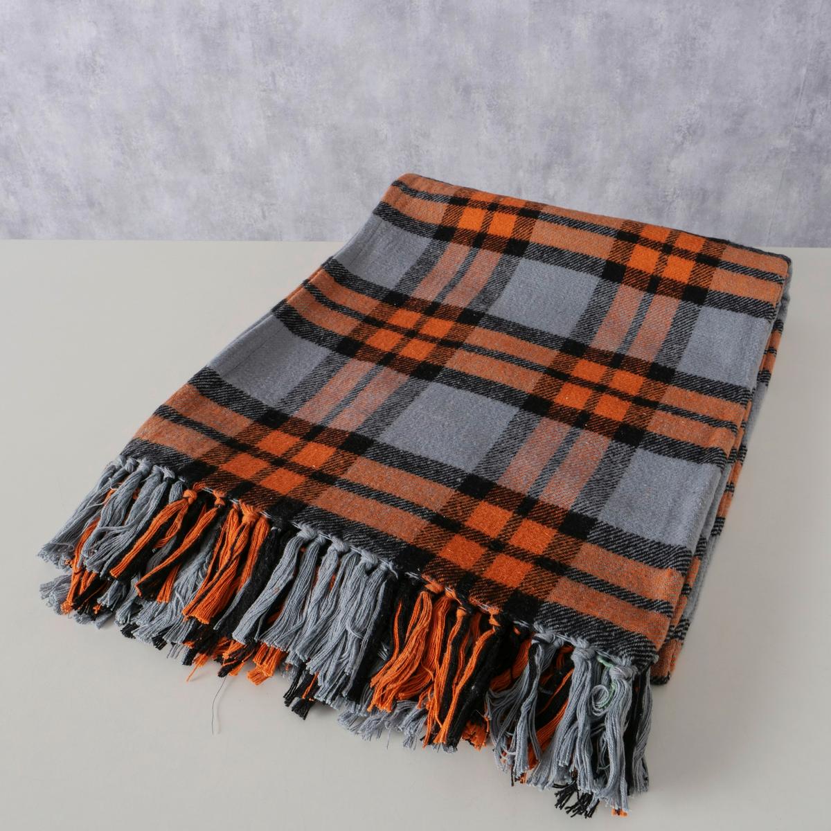 Kuscheldecke Karo Grau/Orange ca. 140x180cm - Orange/Grau, ROMANTIK / LANDHAUS, Textil (140/180cm)