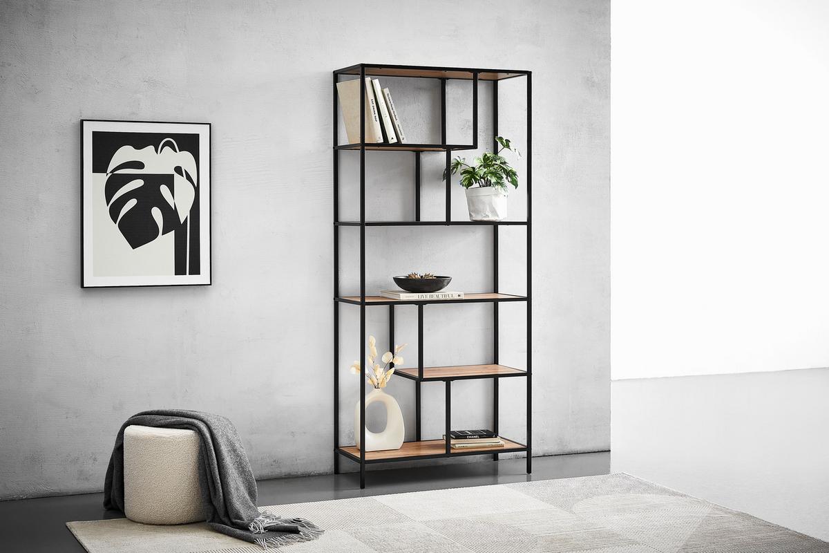 REGAŁ ROCKY - kolor dębowy/czarny, Trend, materiał drewnopochodny/metal (77/185/33cm) - Xora