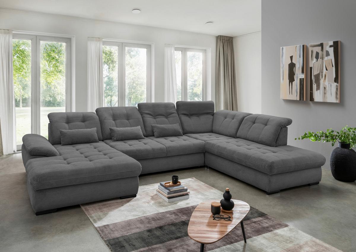 Wohnlandschaft Rigatti Grau Cord mit Bettkasten - Schwarz/Grau, MODERN, Textil/Metall (184/387/252cm) - Livetastic