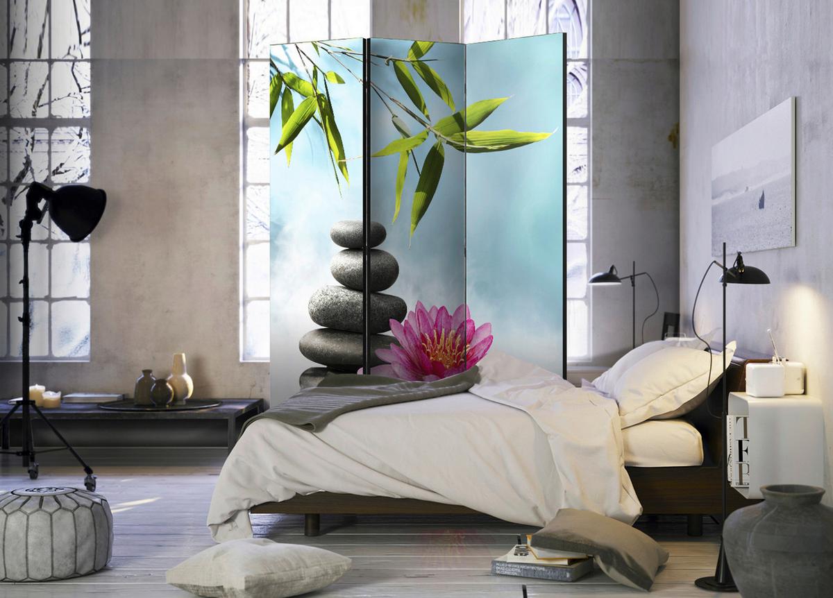 Paravan Water Lilly And Zen Stones, 3-Delni, Dvostranski - svetlo modra/zelena, Basics, tekstil/les (135/172/3cm) - artgeist