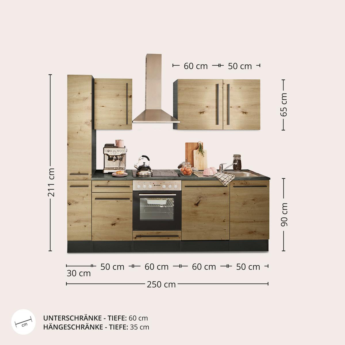 Küchenblock Jazz mit Geräten ca.250cm Eiche/Anthrazit - Anthrazit/Schwarz, LIFESTYLE, Holzwerkstoff/Kunststoff (250cm) - P & B