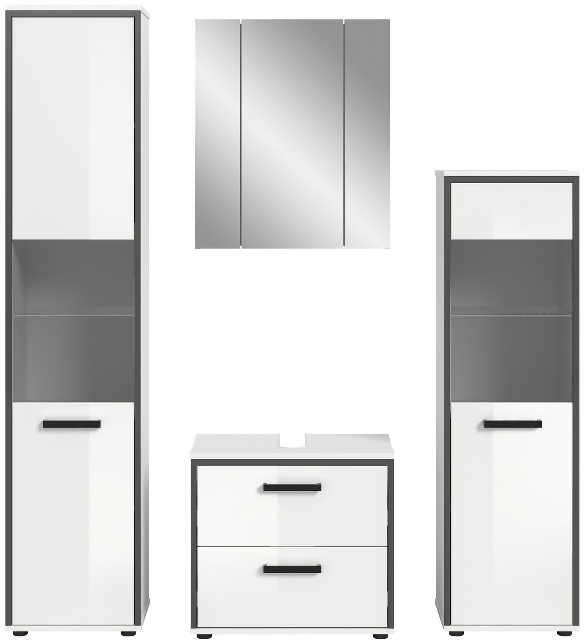 Badezimmer Kojak 4-tlg. Weiß/Anthrazit - Weiß Hochglanz/Schwarz, MODERN, Holzwerkstoff/Kunststoff (140cm) - MID.YOU