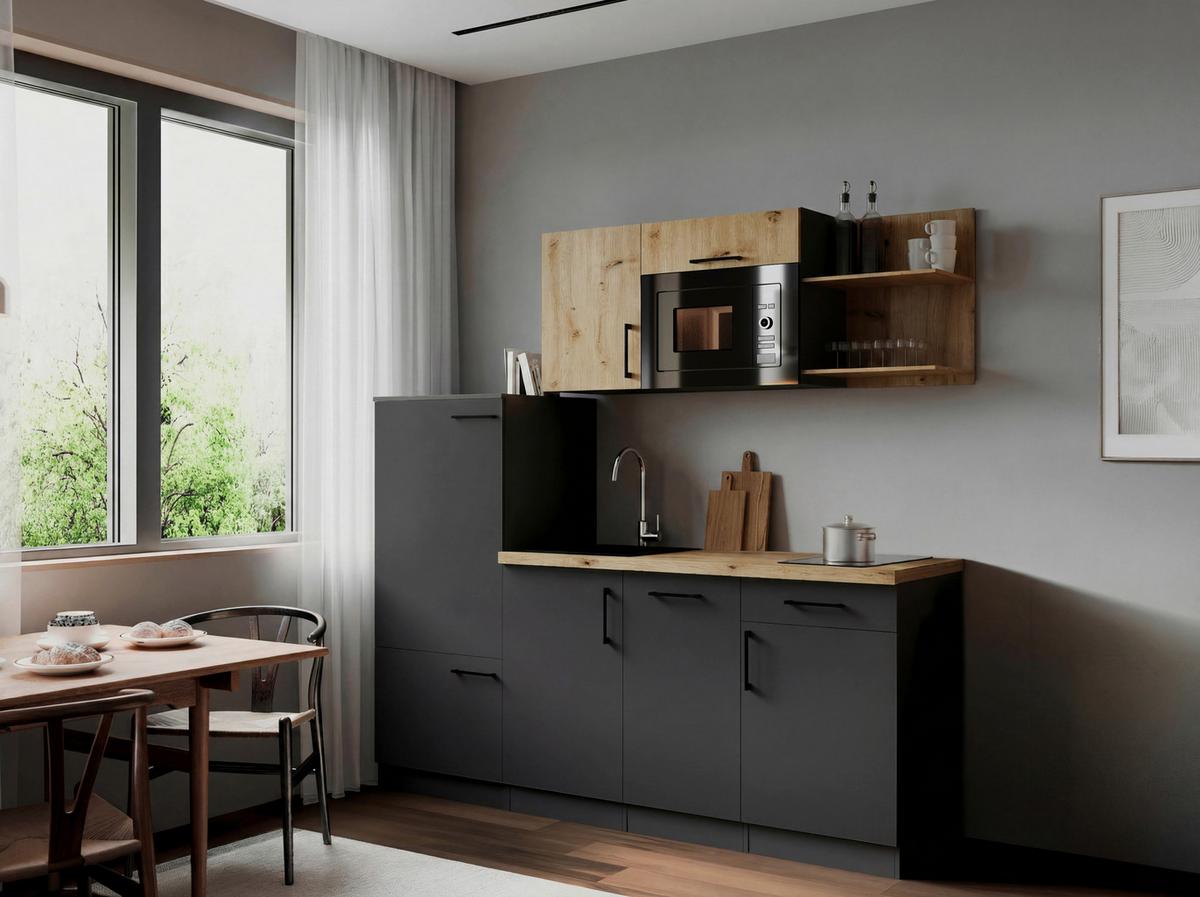 Küchenblock Oliver m. Geräten Grau - Eiche Artisan/Grau, Trend, Holzwerkstoff/Metall (205cm) - Respekta