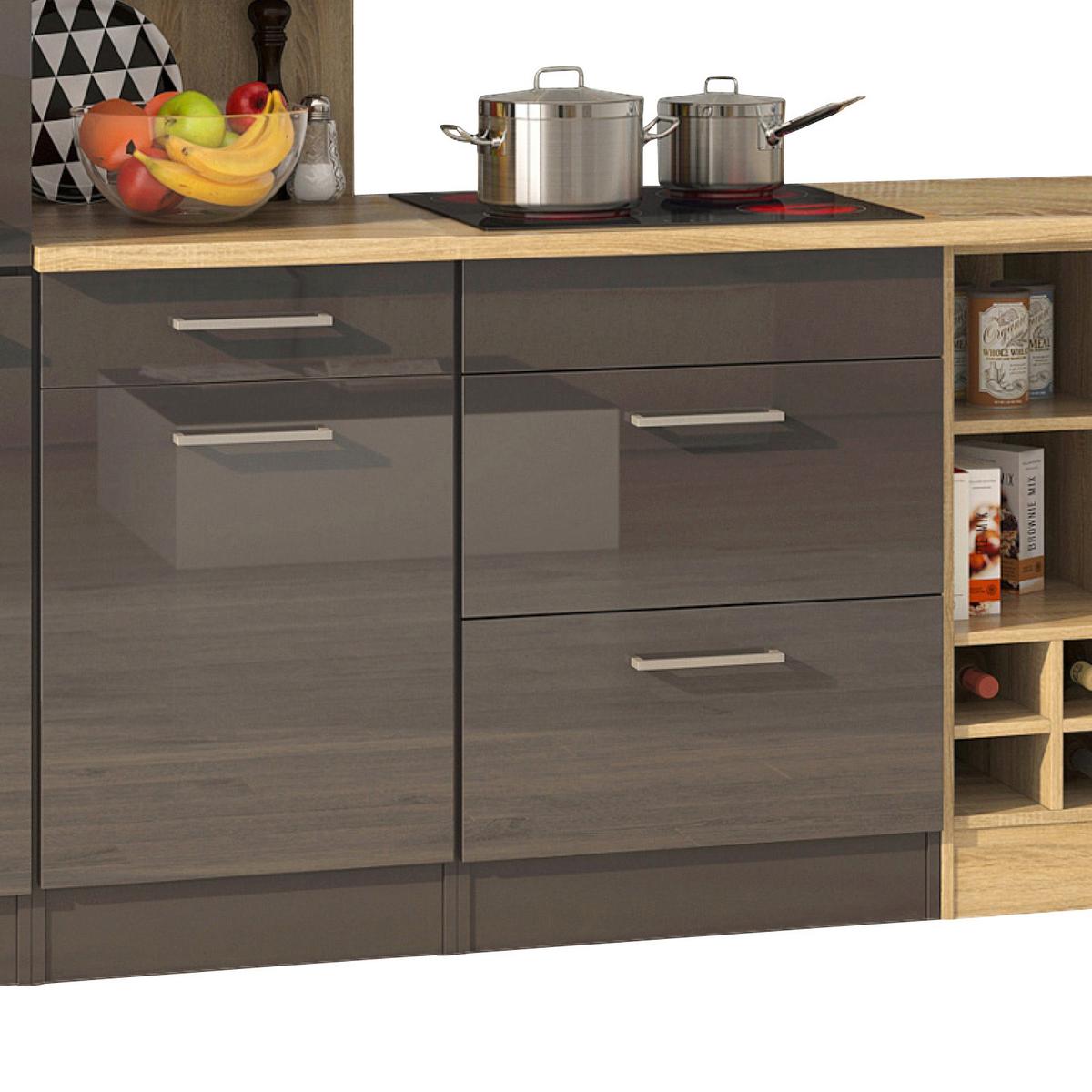 Küchenblock in Anthrazit inkl. E-Geräte 'Mailand' - Chromfarben/Eichefarben, MODERN, Holzwerkstoff/Metall (340cm) - Held