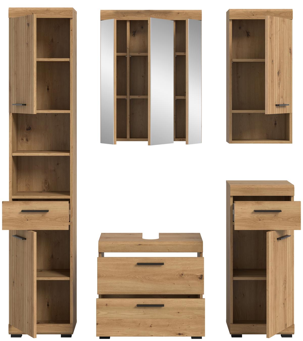 Badezimmer Scout Eiche Artisan 5-teilig - Schwarz/Eiche Artisan, Trend, Glas/Holzwerkstoff (134cm) - MID.YOU