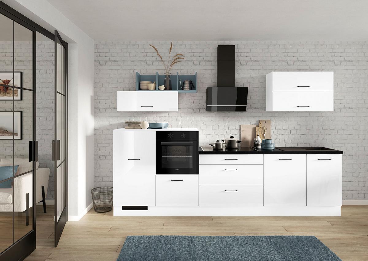 Küchenblock IBZ ohne Geräte ca. 320 cm Weiß Hochglanz - Weiß Hochglanz/Schwarz, Design, Holzwerkstoff/Metall (320cm) - Impuls
