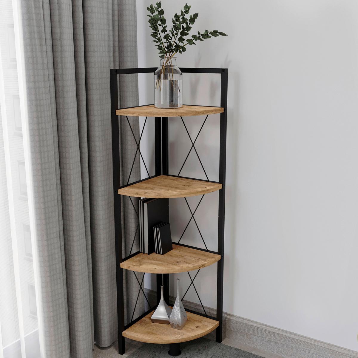 Eckregal INSASI 4 Honigeiche ca. 34x123x34 cm - Honigeiche/Schwarz, Design, Holzwerkstoff/Metall (34/123/34cm) - MID.YOU