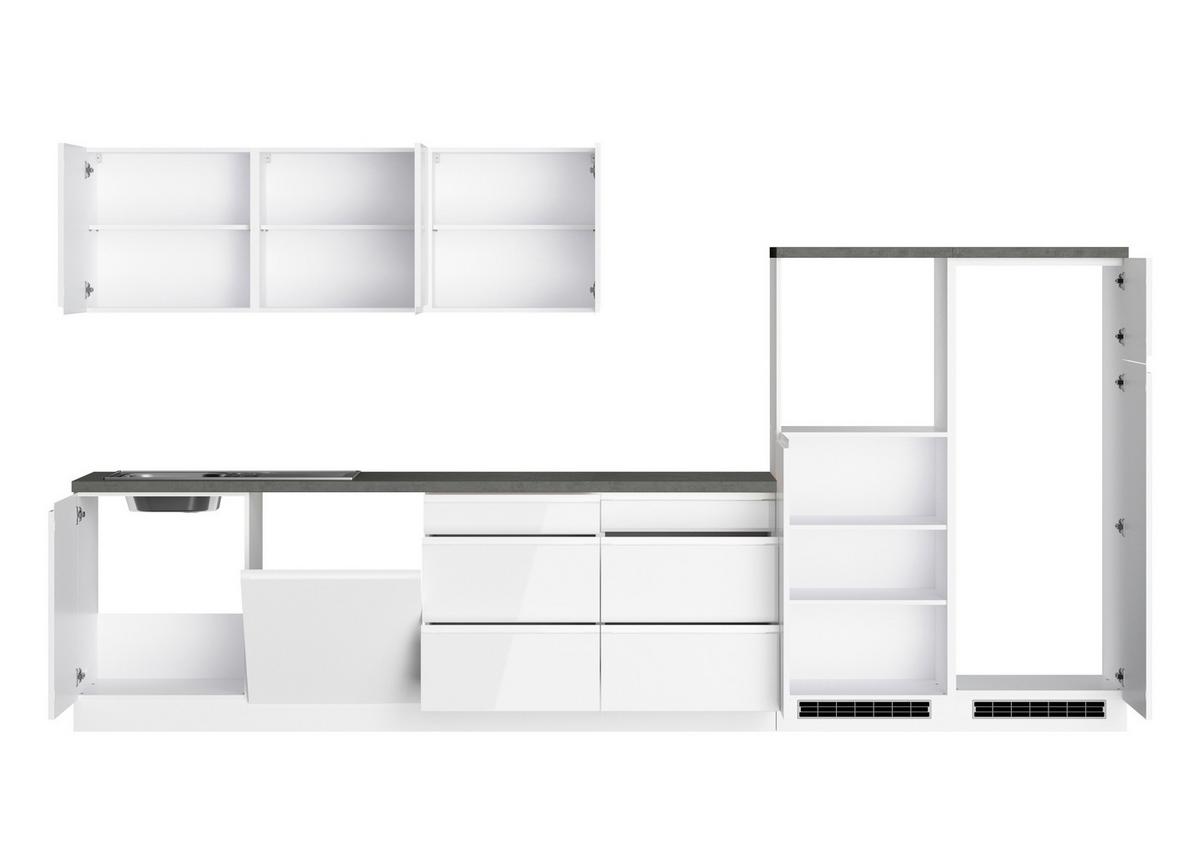 Küchenzeile Monza ohne Geräte ca. 360 cm Weiß/Grau + Spüle - Weiß Hochglanz/Weiß, LIFESTYLE, Holzwerkstoff (360cm) - Held