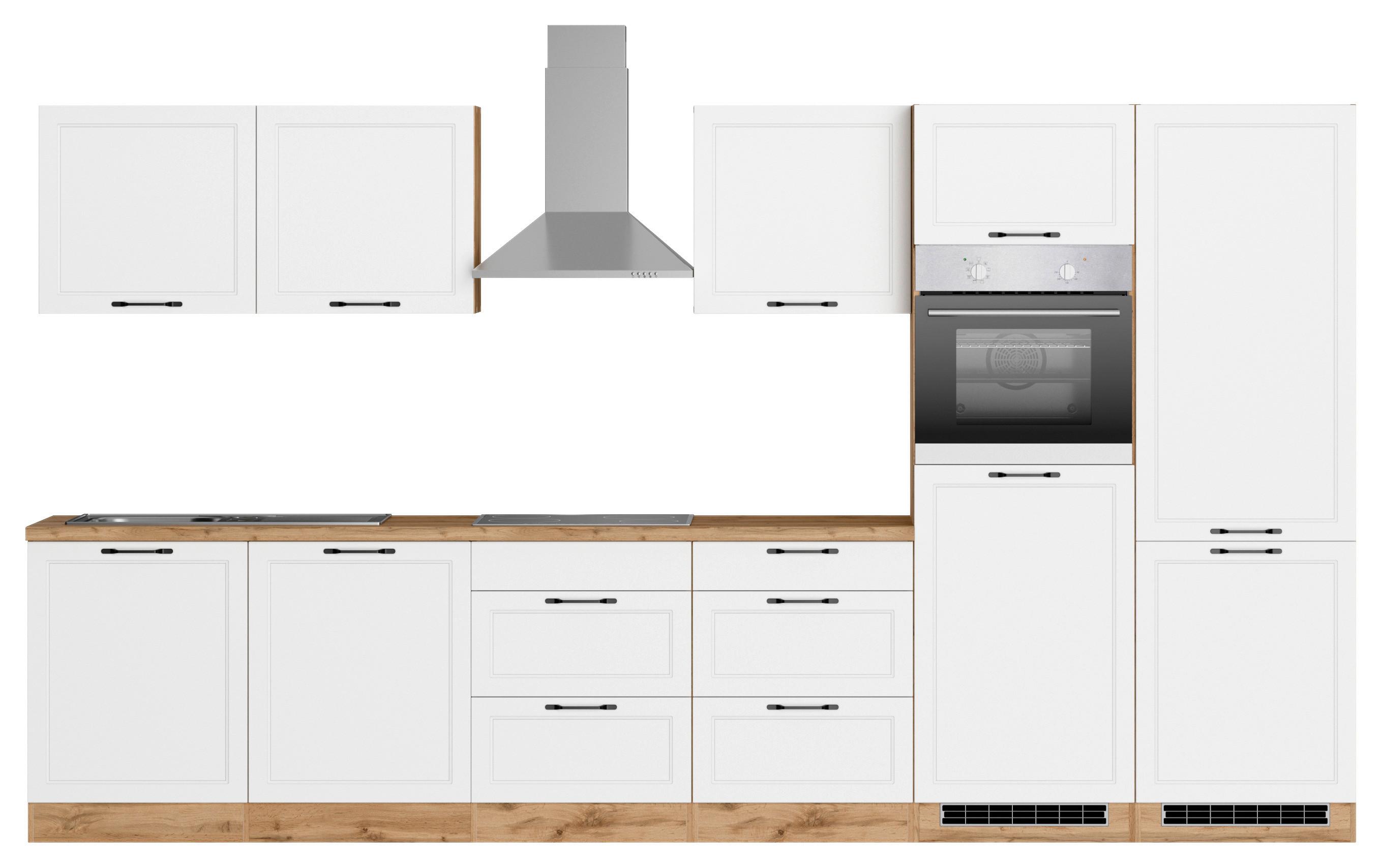 Küchenzeile Meran mit Geräten ca. 360 cm Weiß/Eiche Dekor - Eiche Wotan/Schwarz, LIFESTYLE, Holzwerkstoff/Metall (360cm) - Held