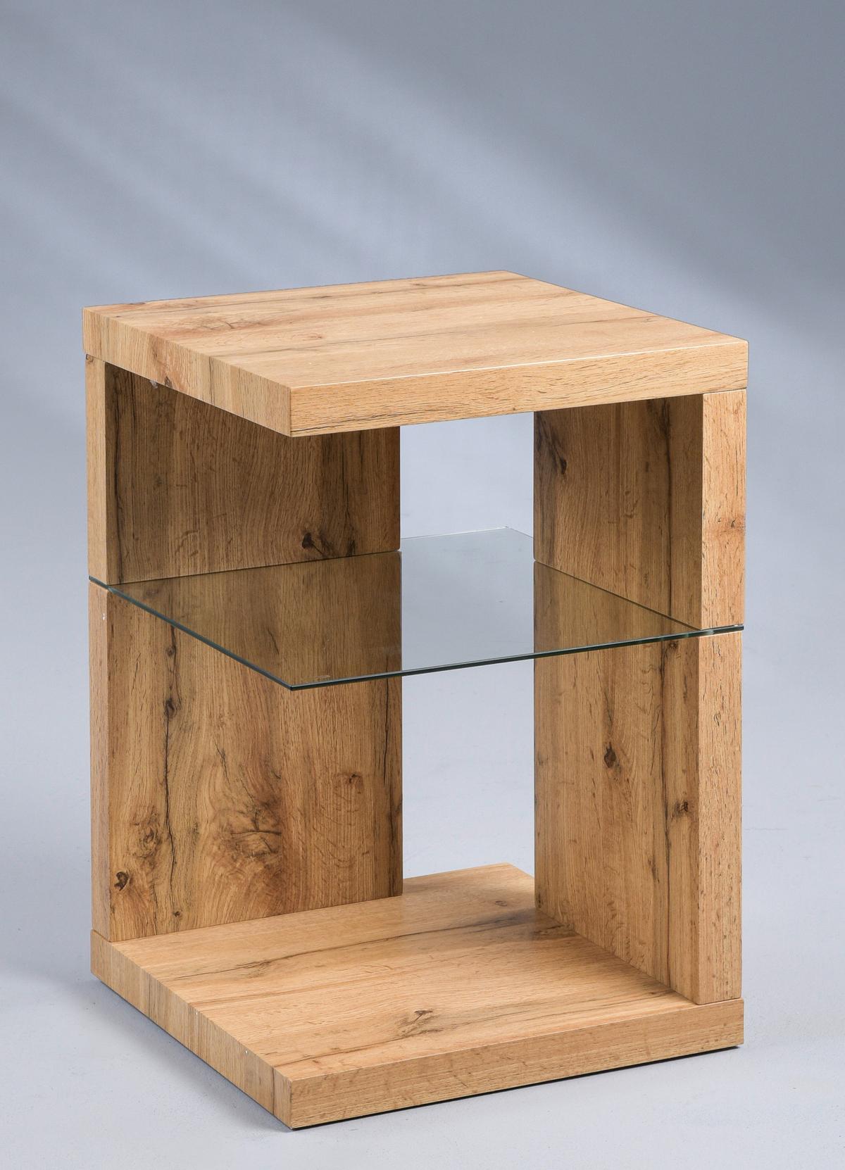 STOLIK BOCZNY DOMINGO - kolor dębowy, Basics, materiał drewnopochodny/szkło (40/40/60cm) - Xora