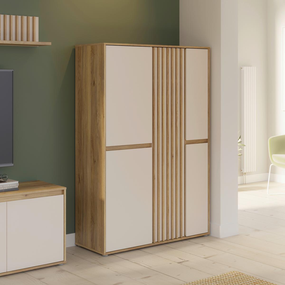 Comodă înaltă ELISTON - culoare lemn stejar/nisipiu, Natur, plastic/material pe bază de lemn (109,3/161,7/41,5cm) - Modern Living