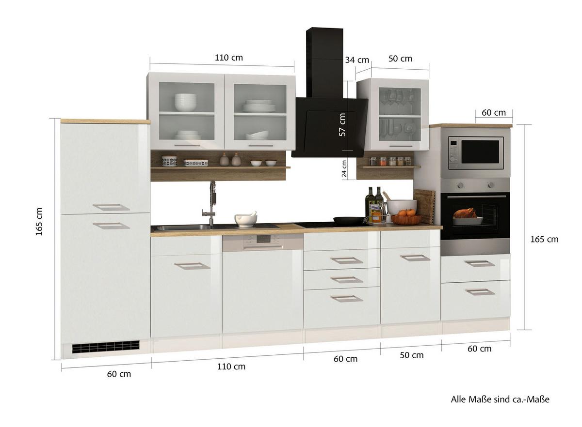 Küchenblock Mailand m. Geräten Weiß Hochglanz - Weiß Hochglanz/Silberfarben, MODERN, Glas/Holzwerkstoff (340cm) - Held