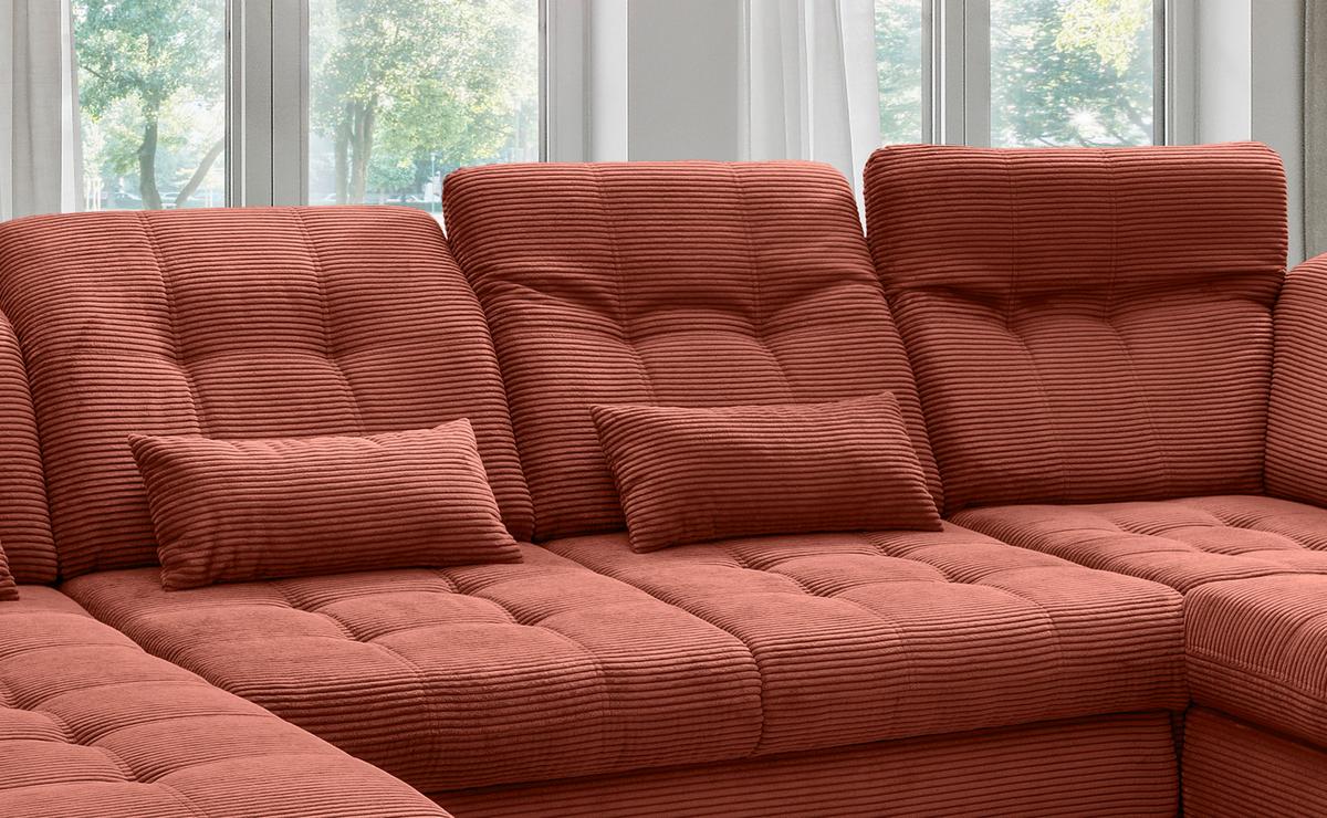 Wohnlandschaft Rigatti Koralle Cord mit Bettkasten - Koralle/Schwarz, MODERN, Textil/Metall (184/387/252cm) - Livetastic