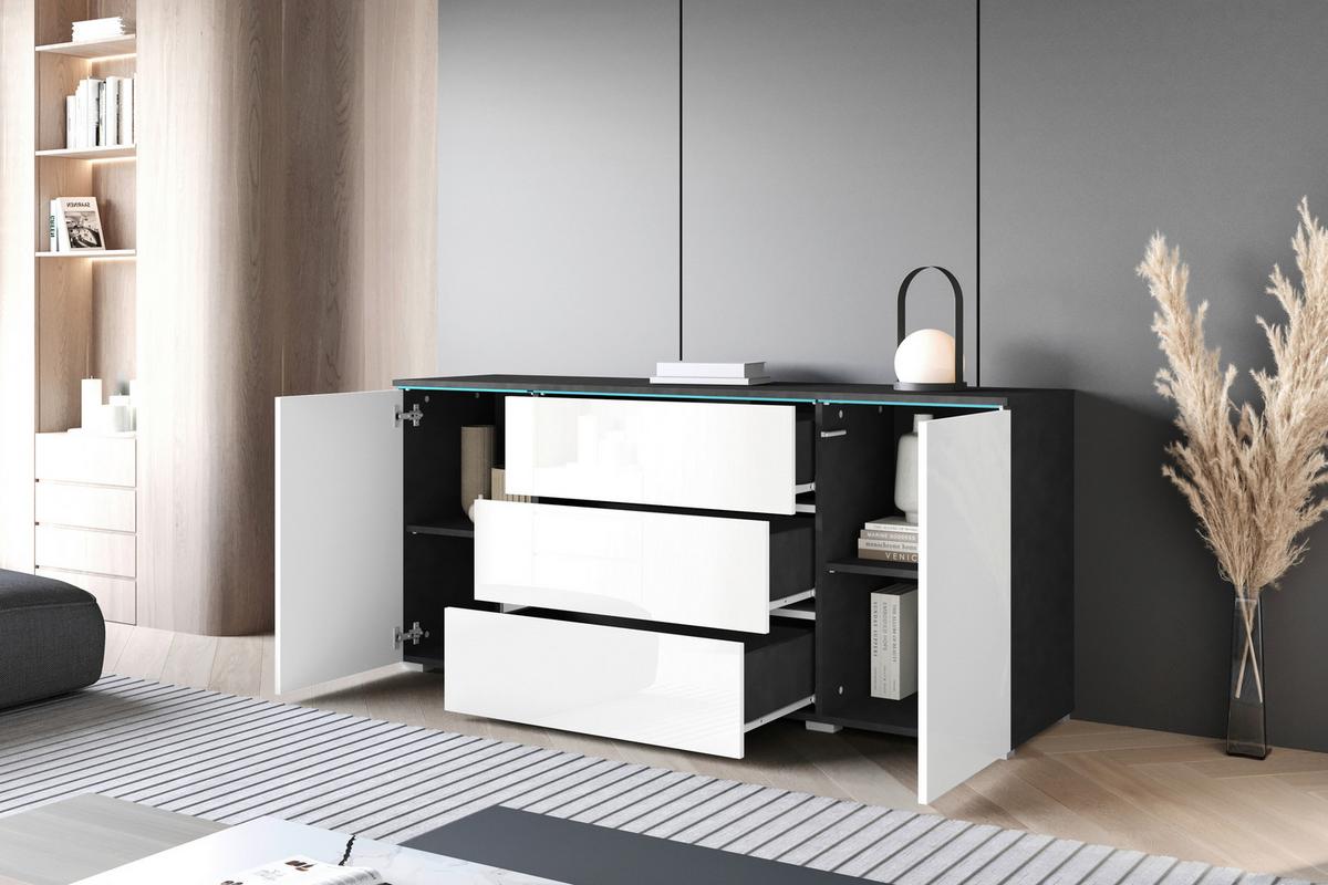 Sideboard Vera mit LED ca. 150 cm Anthrazit/Weiß - Weiß Hochglanz/Anthrazit, Basics, Holzwerkstoff/Kunststoff (150/67,9/39,5cm) - P & B