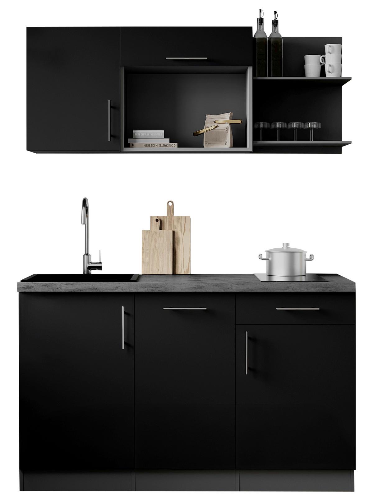 Miniküche Oliver m. Geräten ca. 145cm Schwarz - Schwarz/Grau, Trend, Holzwerkstoff/Metall (145cm) - Respekta