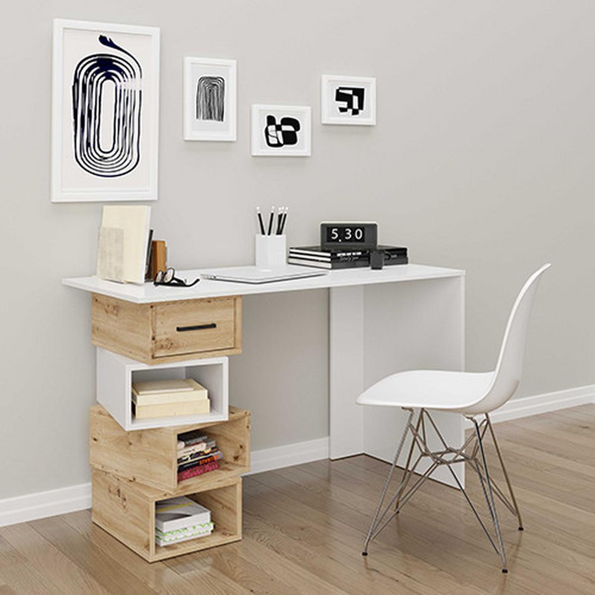 Schreibtisch "Monza" weiß/eiche - Weiß/Eiche Artisan, MODERN, Holz/Metall (120/75/55cm) - MID.YOU
